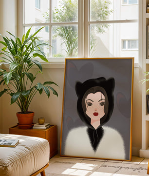 Illustration of a woman in a cat hoodie on a soft gray background