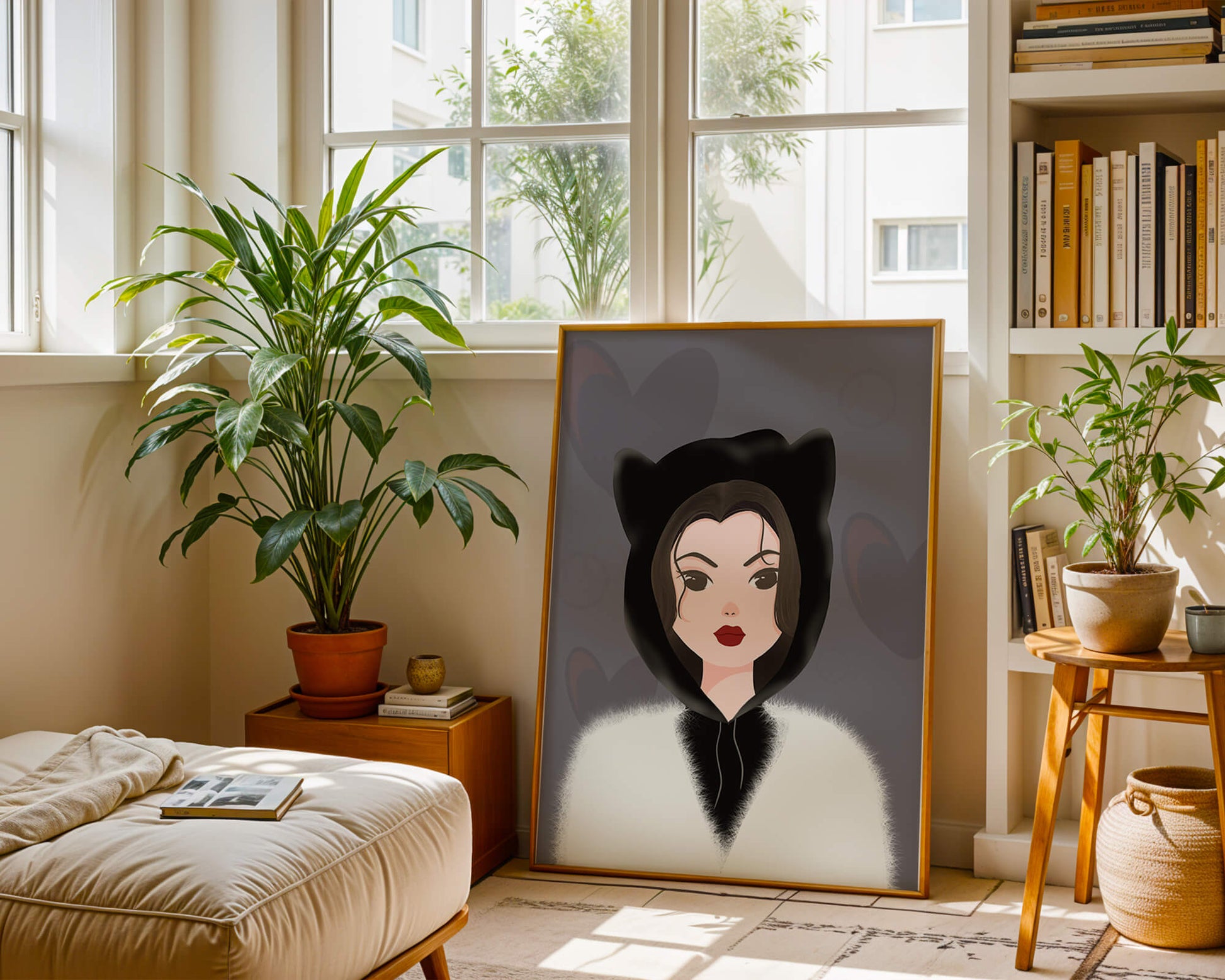 Illustration of a woman in a cat hoodie on a soft gray background