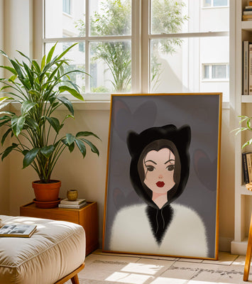 Illustration of a woman in a cat hoodie on a soft gray background