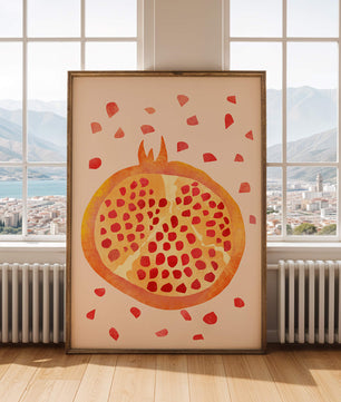 Ilustración abstracta colorida de granada con semillas esparcidas