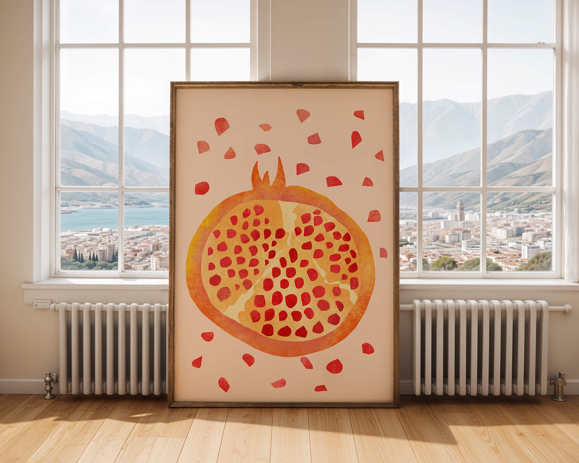 Colorful abstract pomegranate illustration with scattered seeds
