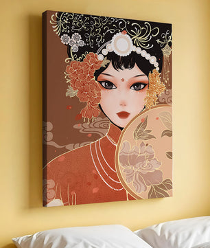 Elegante retrato de una mujer asiática con atuendo tradicional y elementos florales