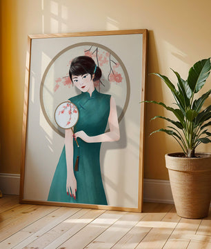 Elegante Illustration einer Frau in traditioneller Kleidung mit einem Fächer mit Kirschblüten