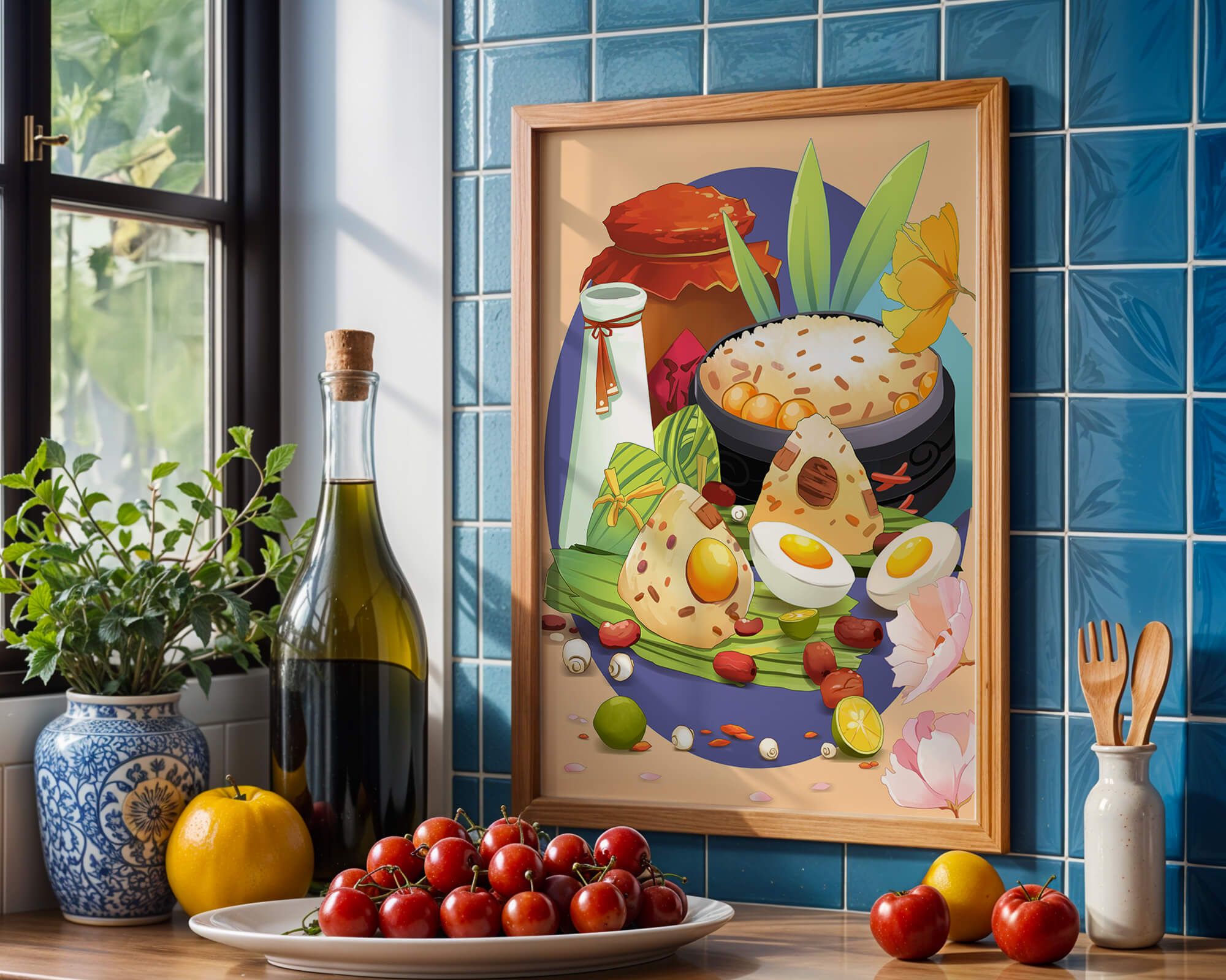 Traditional Asian culinary still life with rice and eggs