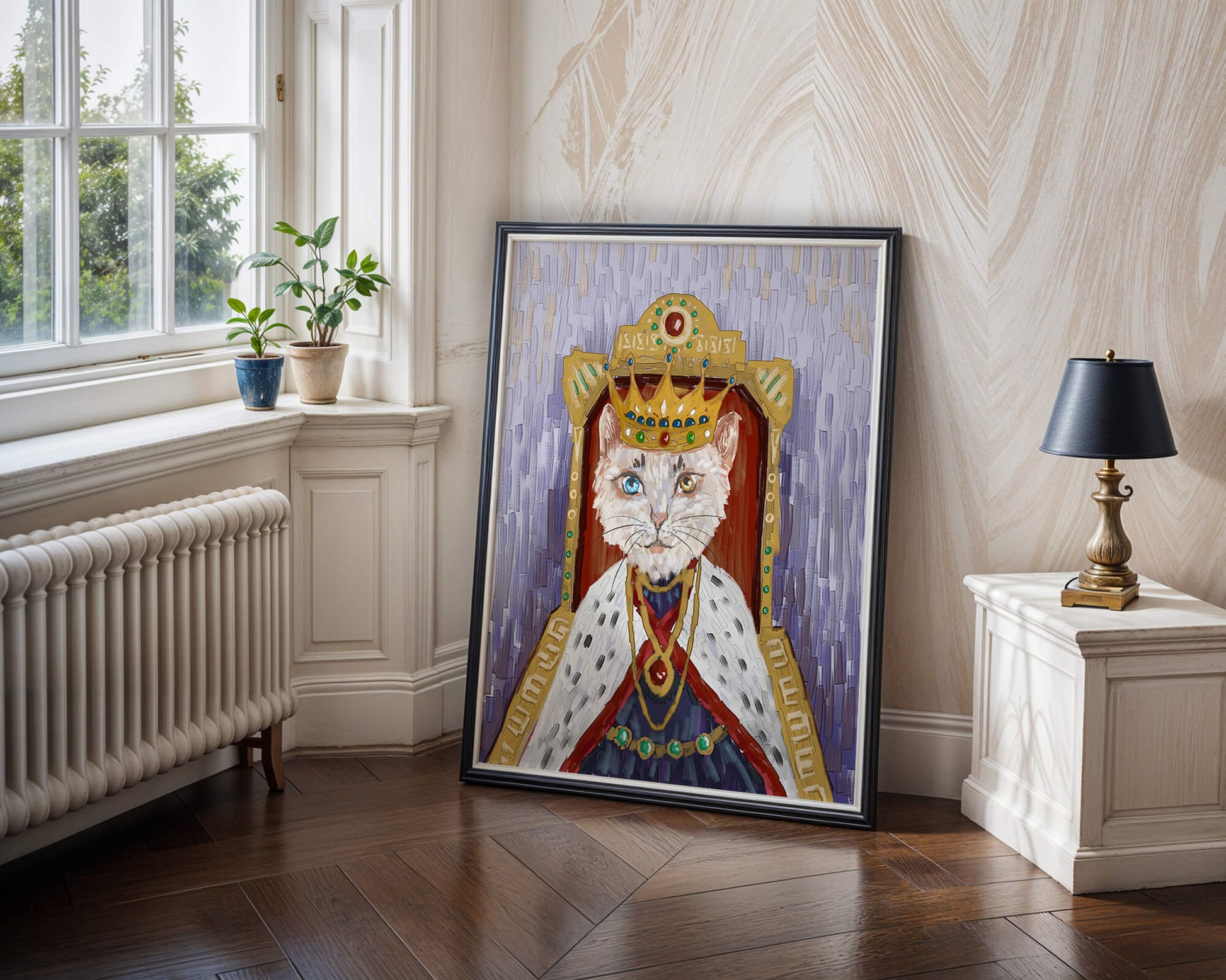 Majestic feline portrait with a golden regal crown