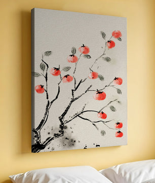 Elegant botanical illustration with vibrant red fruit on branches