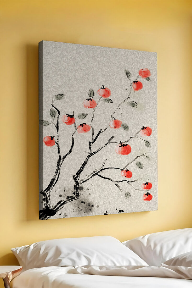 Elegant botanical illustration with vibrant red fruit on branches
