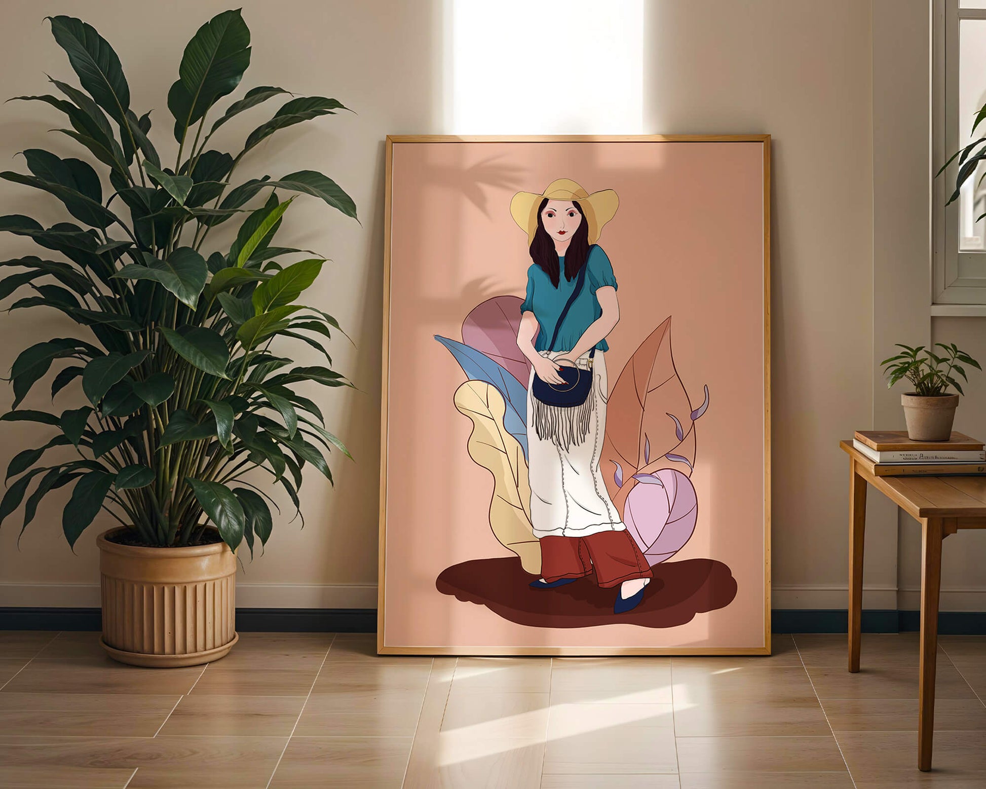 Ilustración de moda de una mujer con sombrero sobre fondo pastel