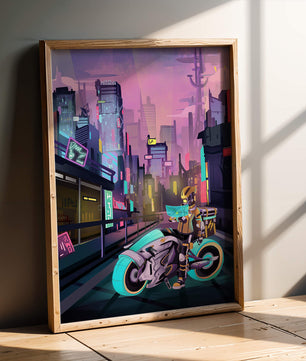 Paisaje urbano futurista cyberpunk con rascacielos iluminados con neón y motociclista