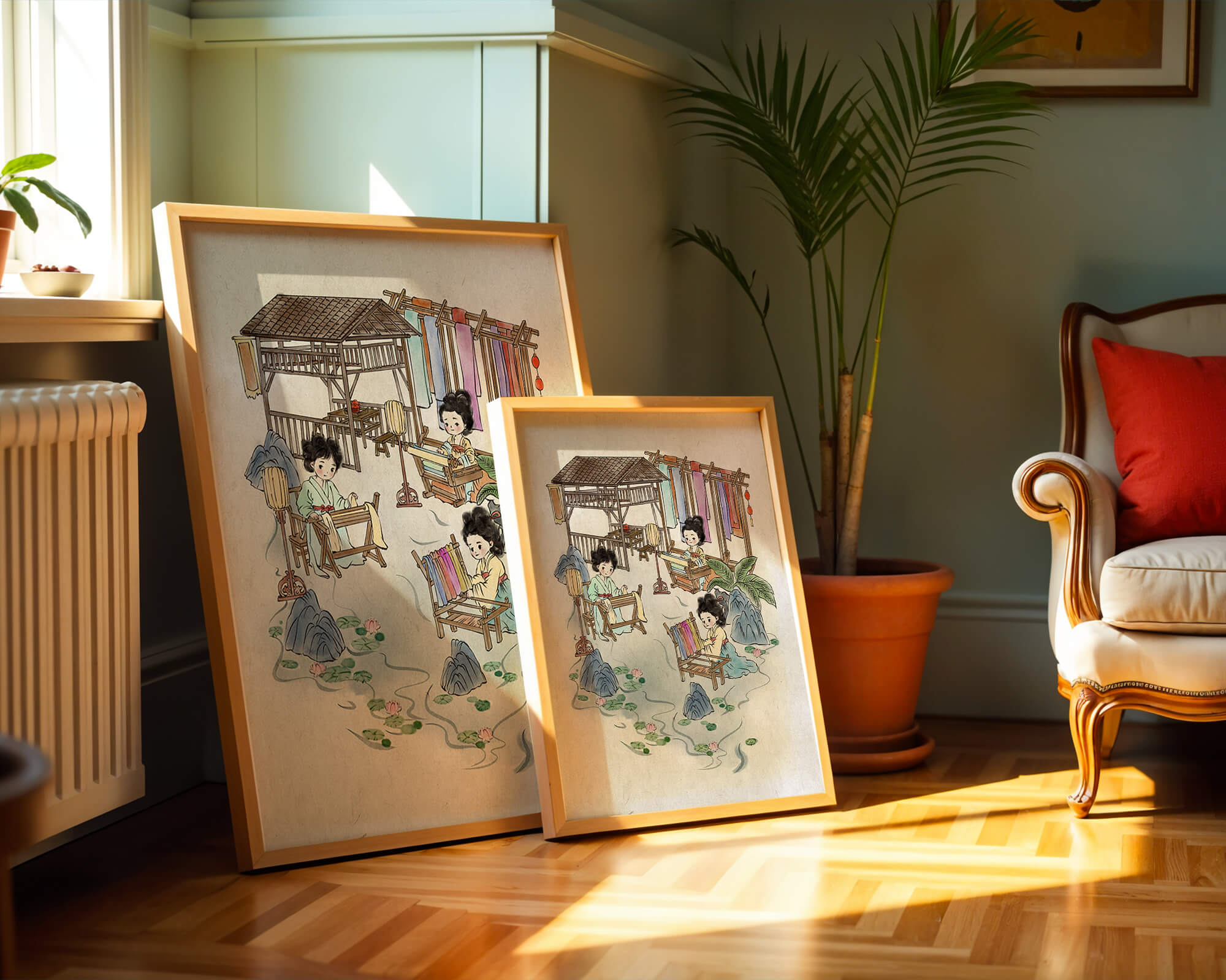 Charming illustration of traditional textile crafts in a serene setting