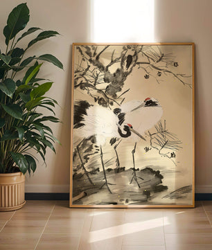 Traditional Japanese Painting of Cranes with Pine Tree and Gold Details