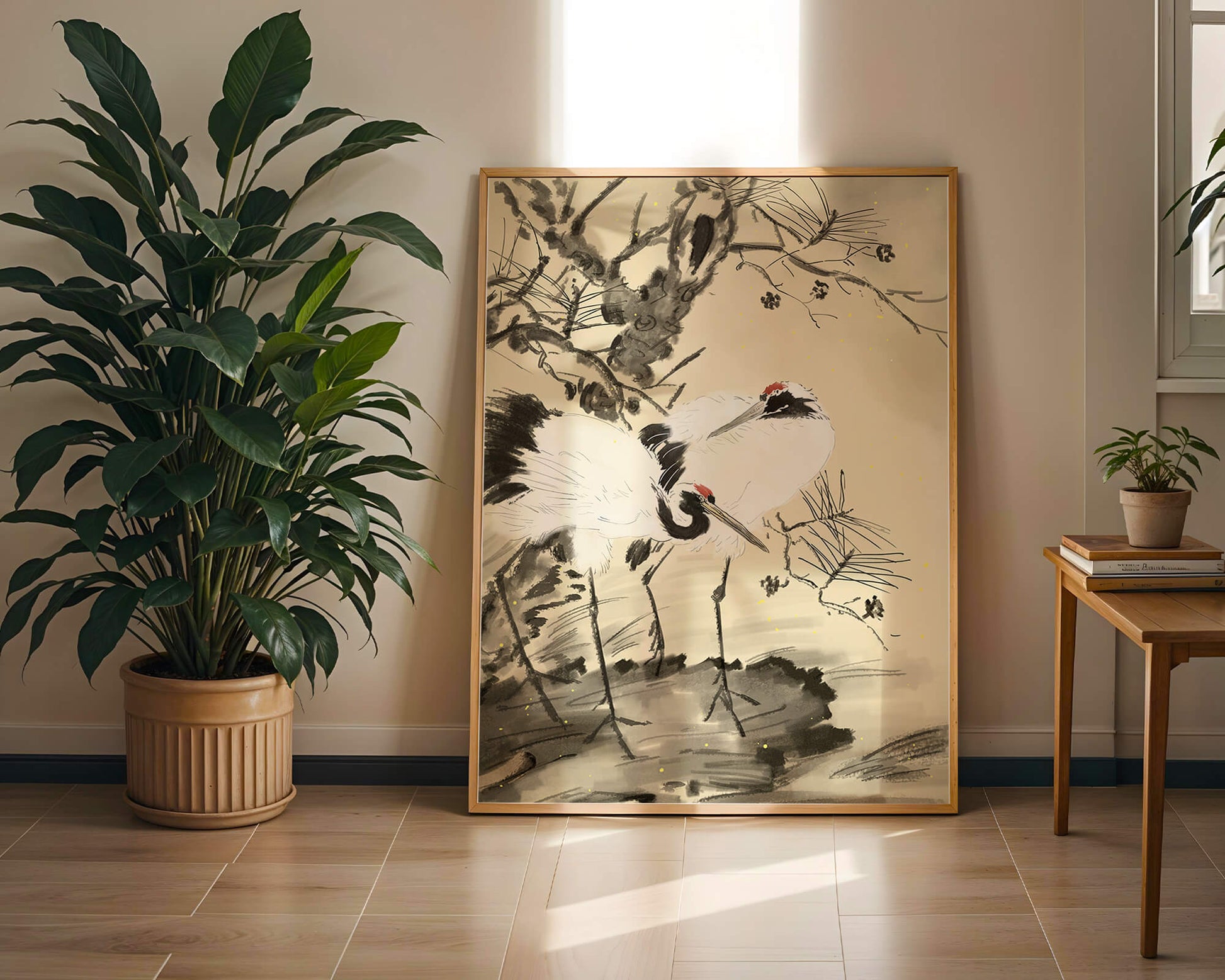 Pintura tradicional japonesa de grullas con pino y detalles dorados