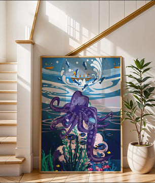 Colorful underwater scene with octopus and fishing boat above