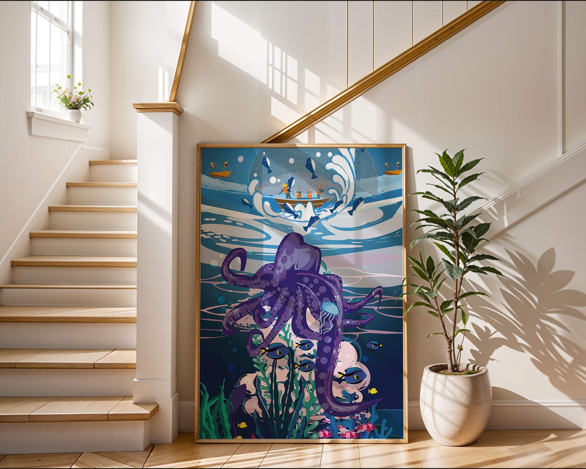 Colorful underwater scene with octopus and fishing boat above
