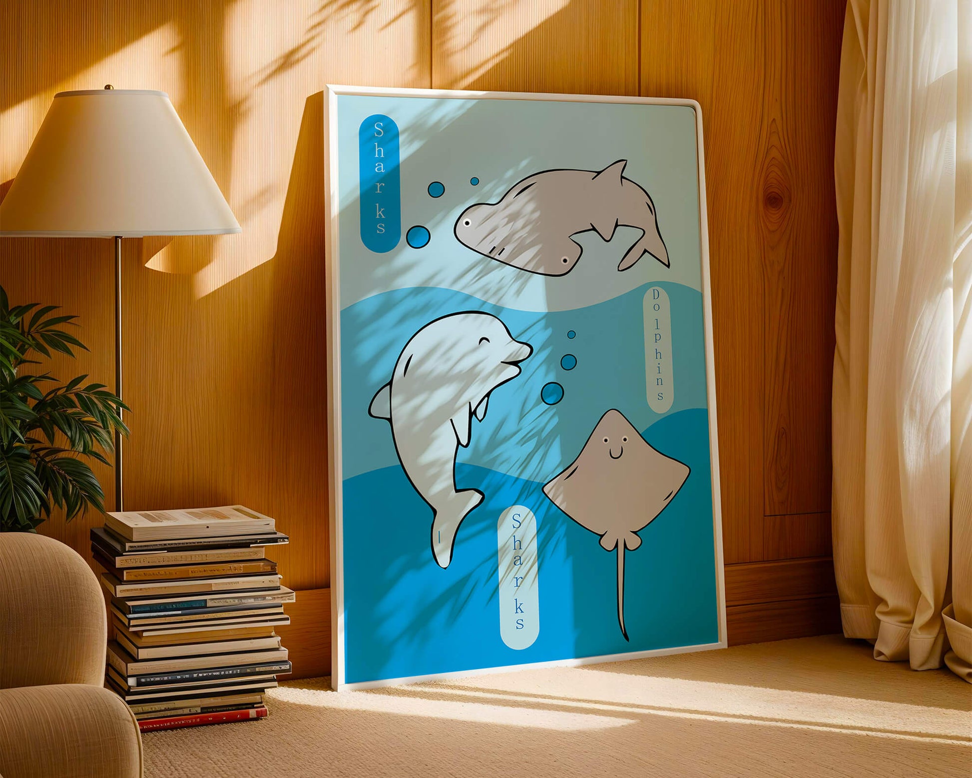 Cartoon sea animals illustration with shark, dolphin, and stingray
