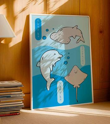 Cartoon sea animals illustration with shark, dolphin, and stingray