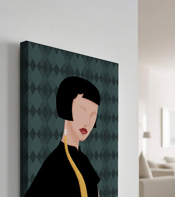 Elegant woman with short hair and golden earring on patterned background