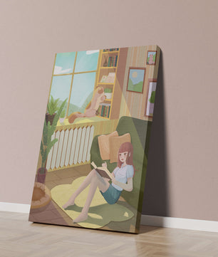 Cozy Living Room with a Reading Girl and Cat by the Window