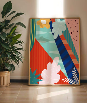 Abstract floral geometric design with vibrant colors and bold patterns