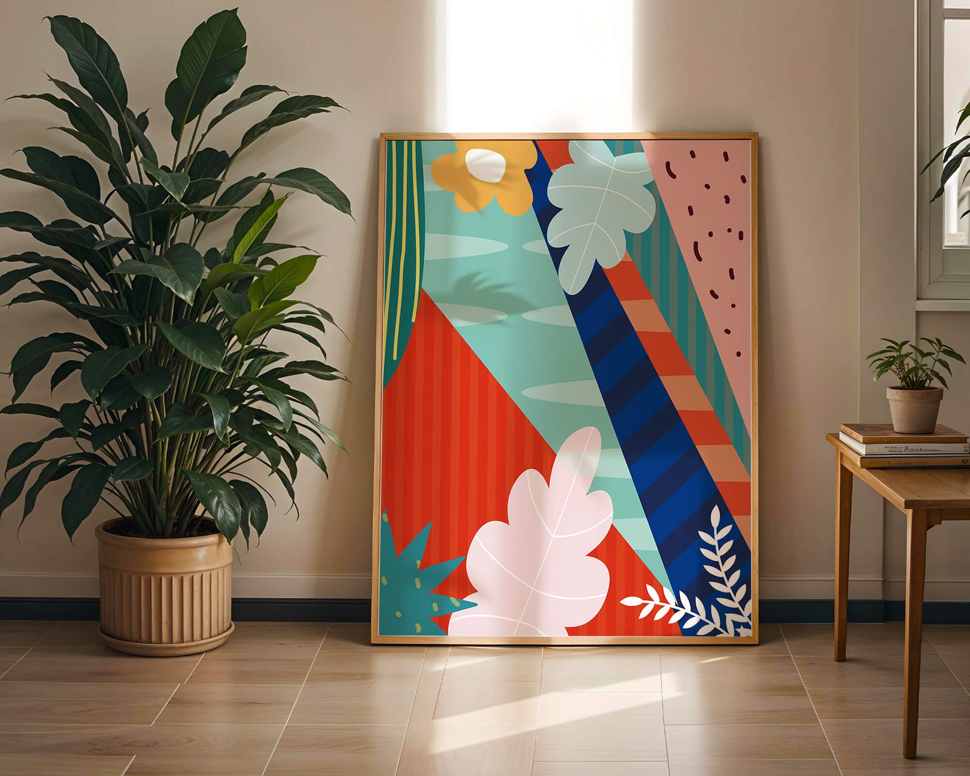 Abstract floral geometric design with vibrant colors and bold patterns
