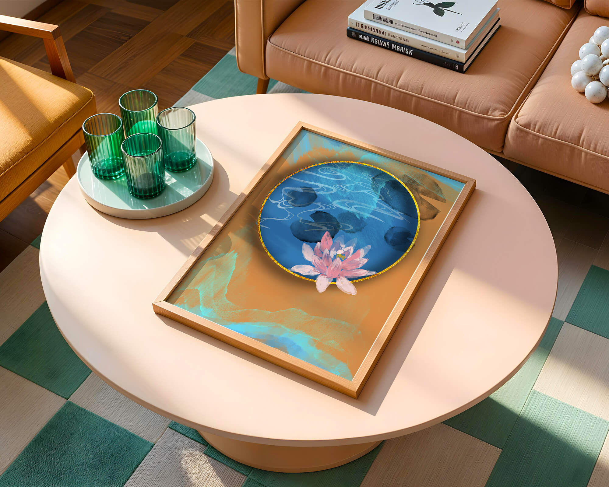 Abstract water lily art with gold accents on blue and orange background