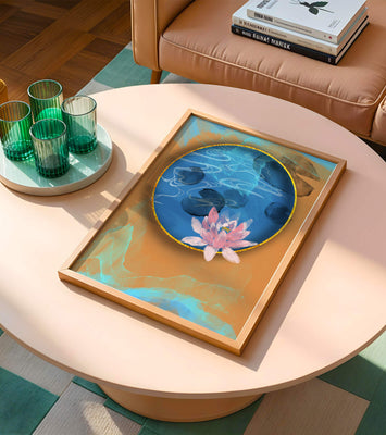 Abstract water lily art with gold accents on blue and orange background