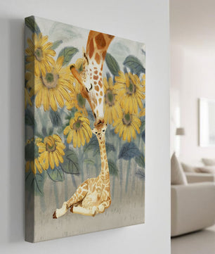 Pintura acuarela de jirafas y girasoles en una escena tierna de una familia de jirafas