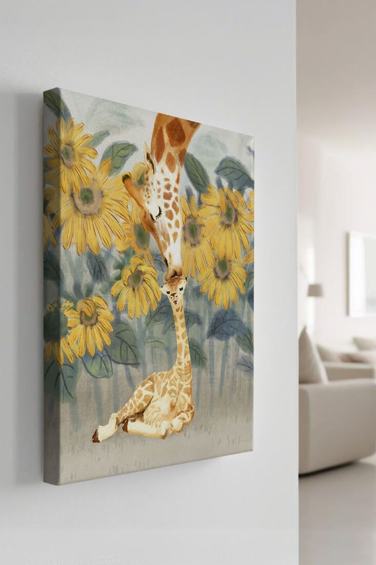 Giraffe and sunflowers watercolor painting of tender giraffe family scene