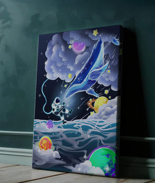Astronaut Exploring a Surreal Cosmic Ocean with a Glowing Whale