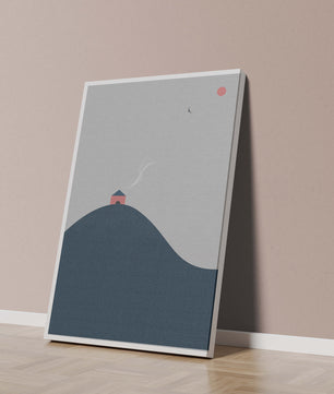 Minimalistische Landschaft mit Haus auf einem Hügel und Sonnenuntergang