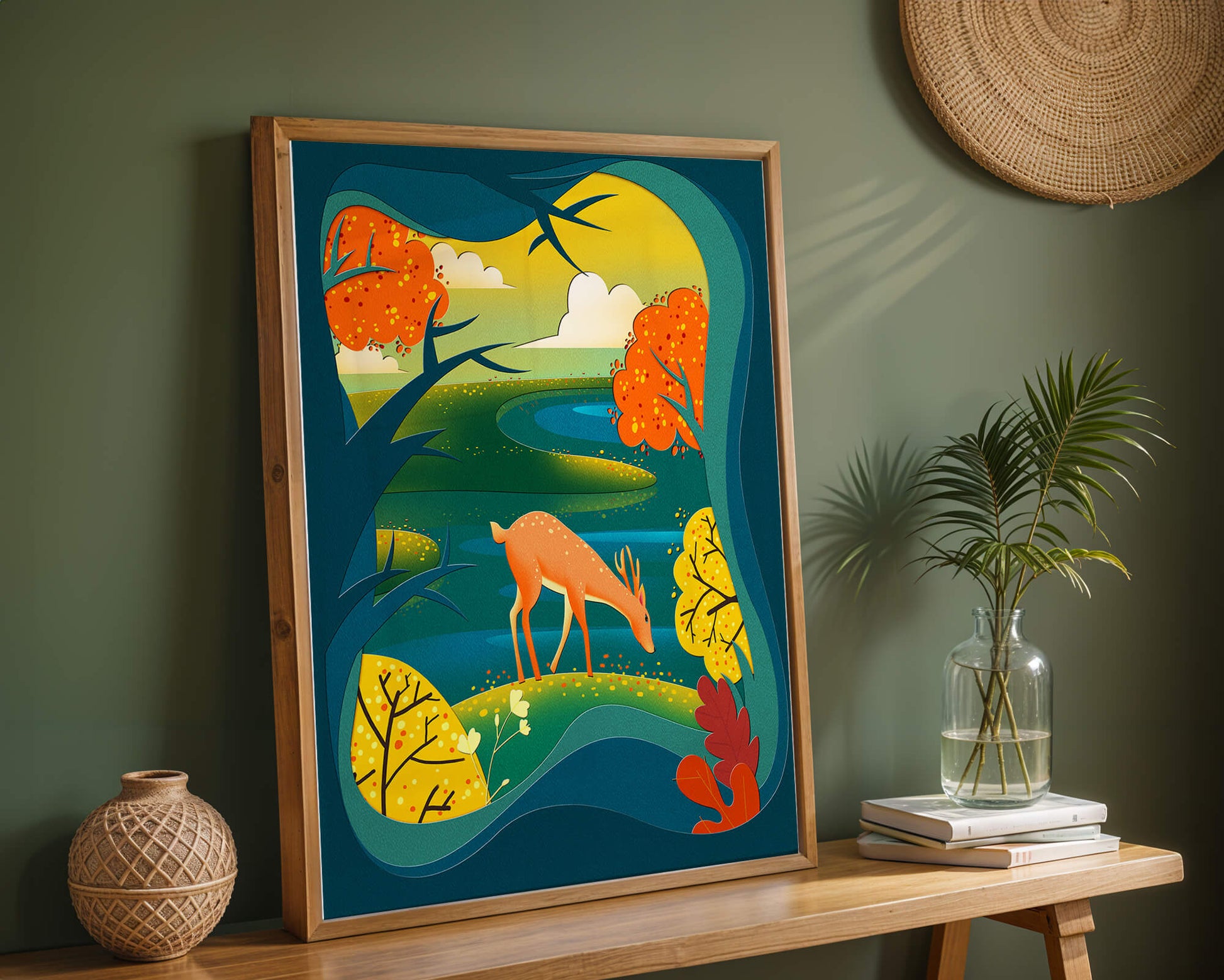 Deer in autumnal forest landscape with vibrant foliage