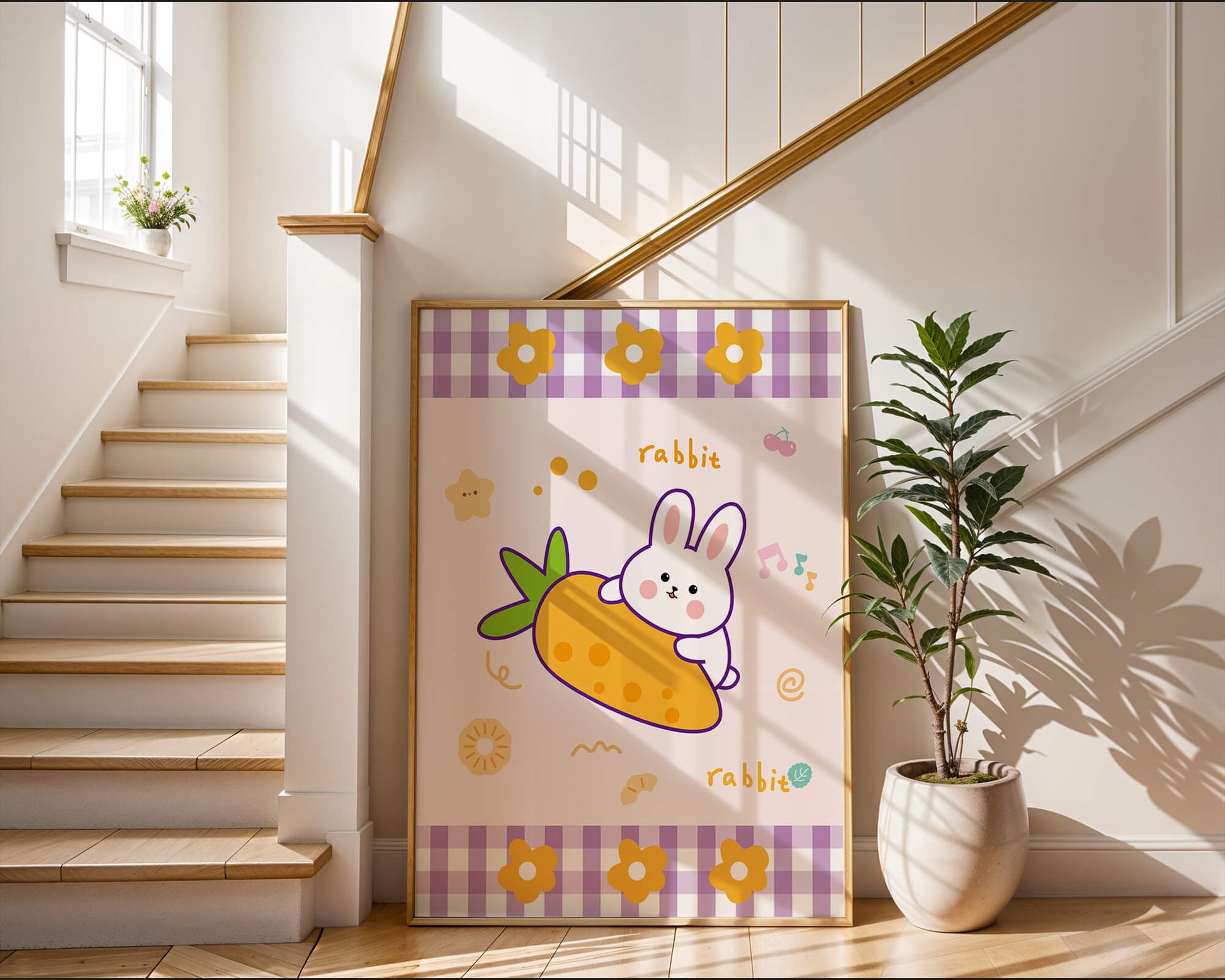 Illustrated cute rabbit with carrot on a colorful background