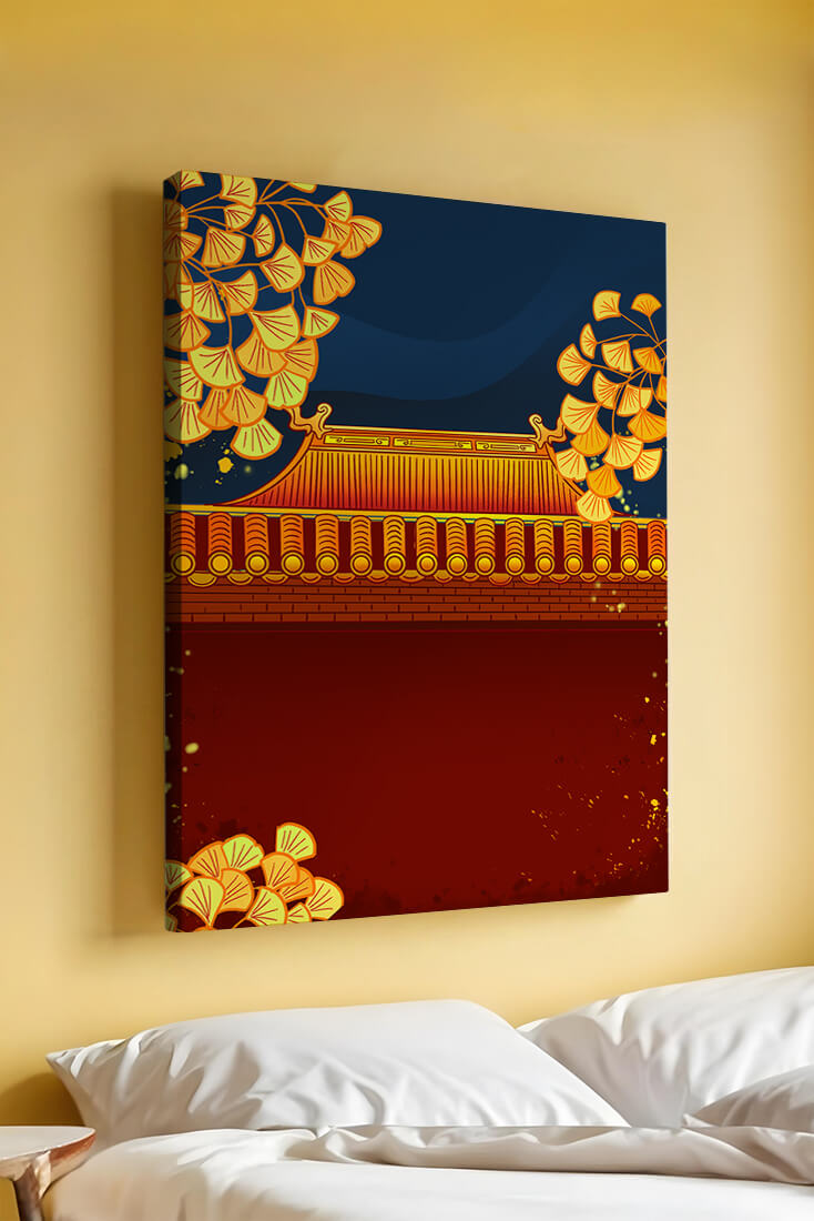 Traditional Asian rooftop with golden foliage on a dark evening sky background