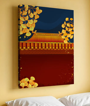 Traditionelles asiatisches Dach mit goldenem Laub auf dunklem Abendhimmel