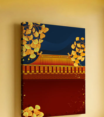 Traditional Asian rooftop with golden foliage on a dark evening sky background