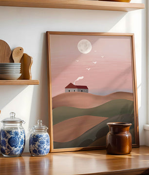 House On Pink Hill Under Full Moon