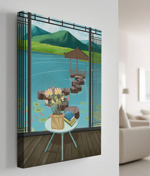 Scenic view from a room overlooking a tranquil water garden with stepping stones and mountains