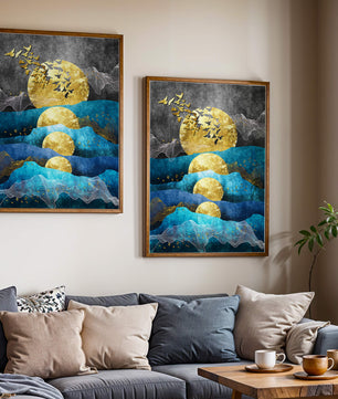 Abstract Landscape with Golden Sun and Flying Birds