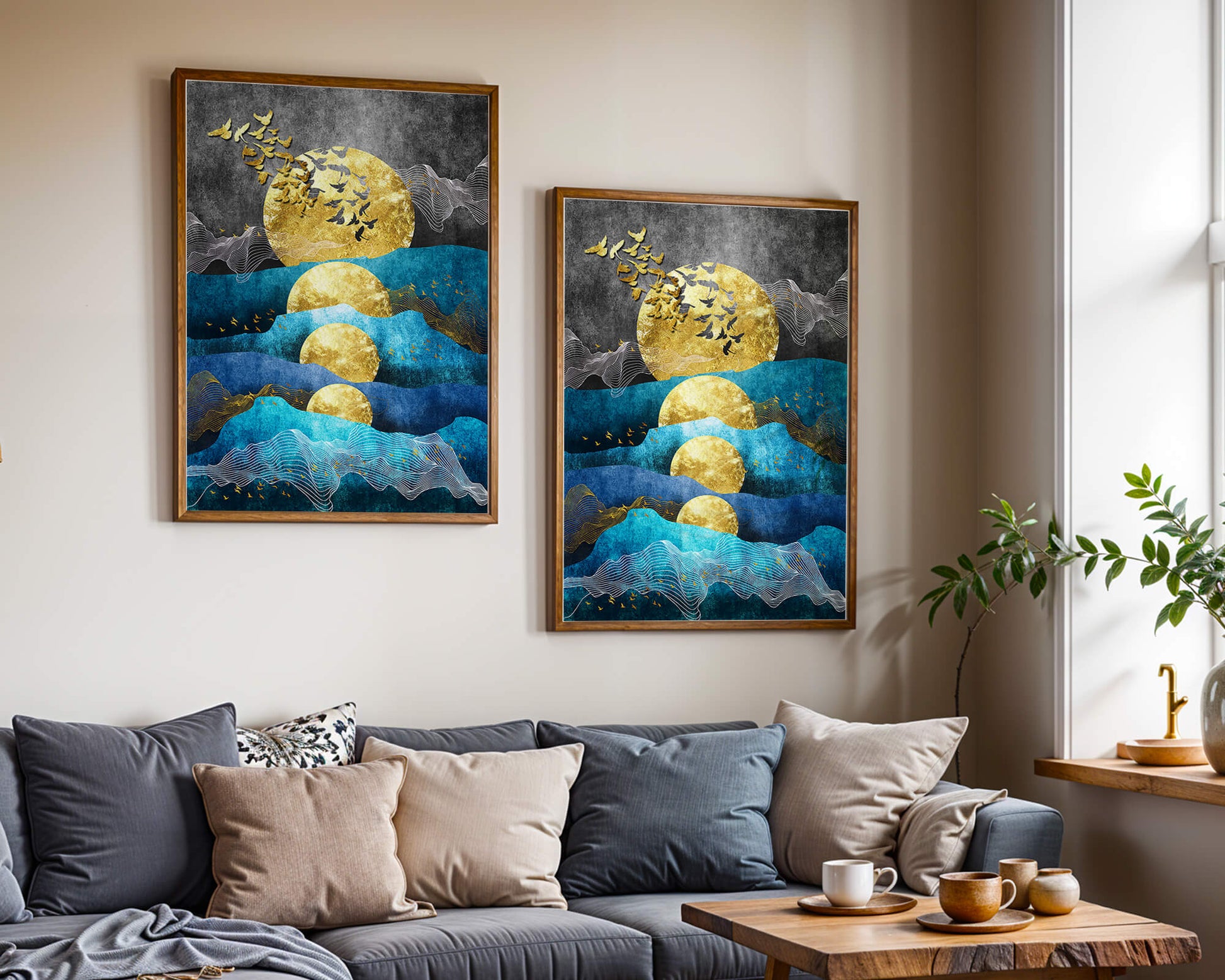 Abstract Landscape with Golden Sun and Flying Birds