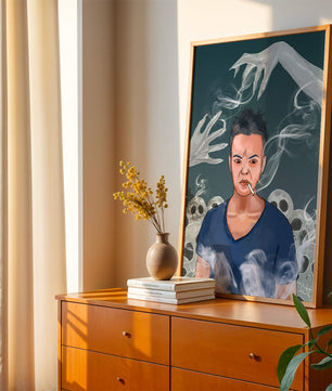 A Person Surrounded by Smoke and Ghostly Hands with Skulls in the Background