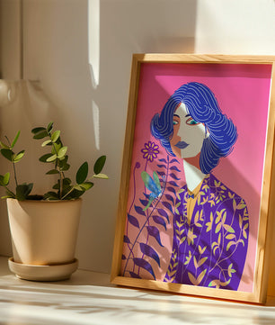 Retrato estilizado de una mujer con cabello azul y patrón botánico