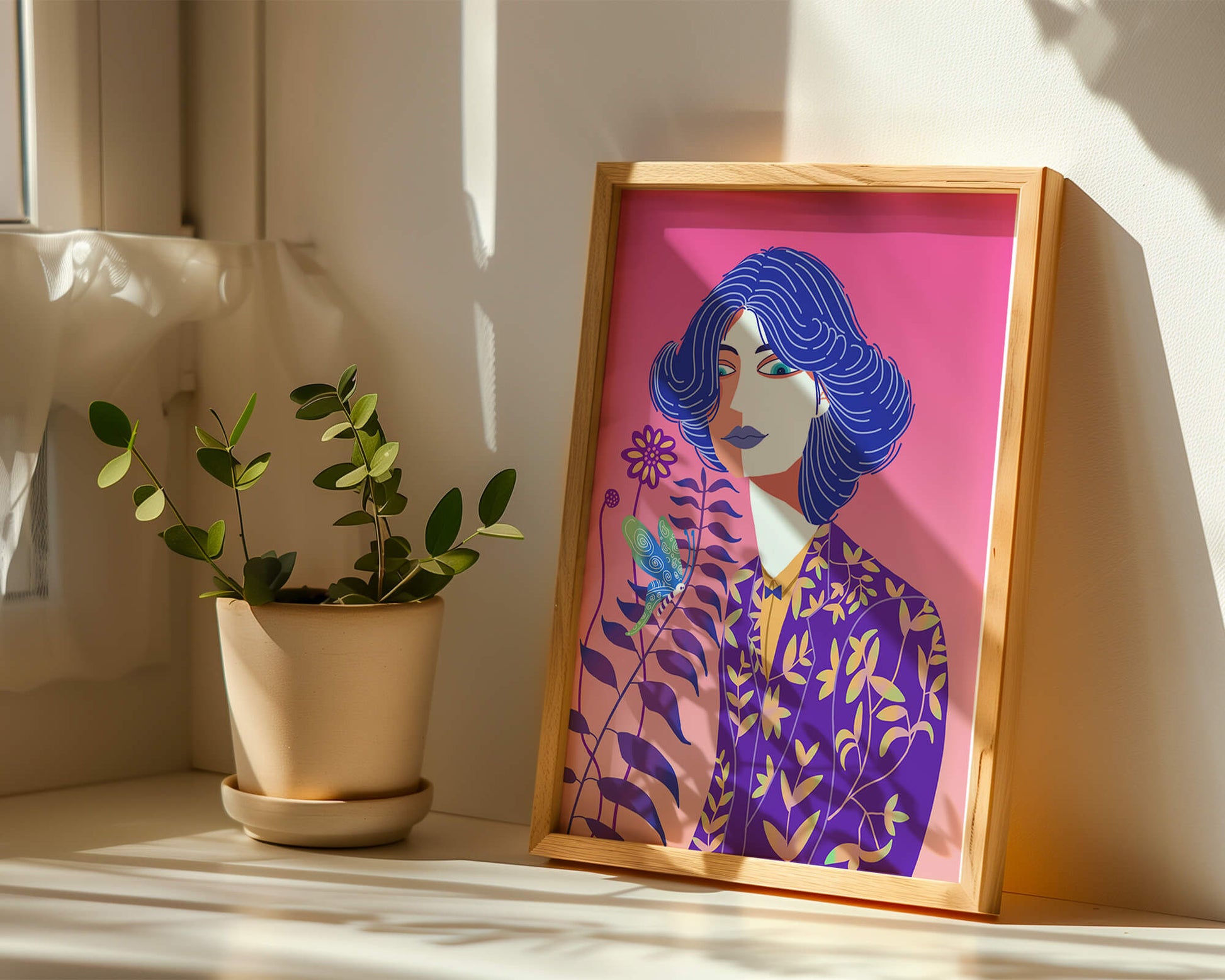 Stylized Portrait of a Woman with Blue Hair and Botanical Pattern