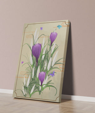Elegant Crocus Flowers with Butterflies in a Delicate Frame