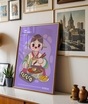 Charming illustration of Korean cuisine with a cheerful character