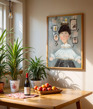 Retrato ilustrado caprichoso con elementos musicales y dorados