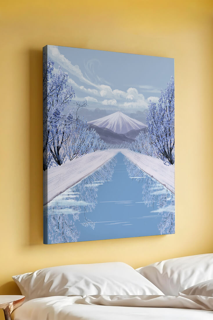 Serene winter landscape with mountain and snowy trees reflecting in water
