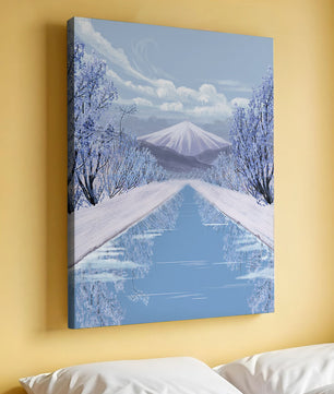 Serene winter landscape with mountain and snowy trees reflecting in water