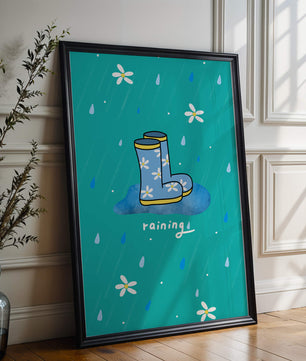 Colorful rain boots with floral pattern on a rainy background