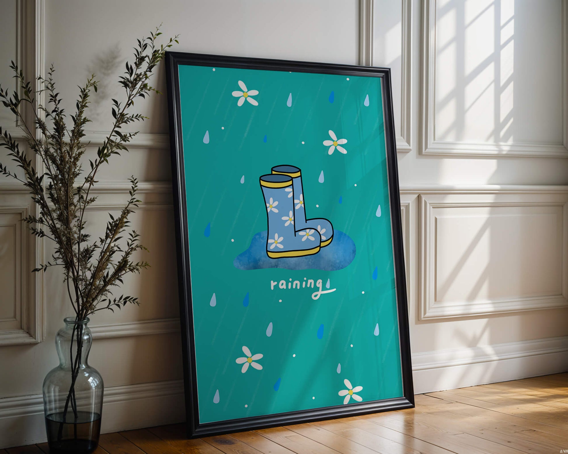 Colorful rain boots with floral pattern on a rainy background