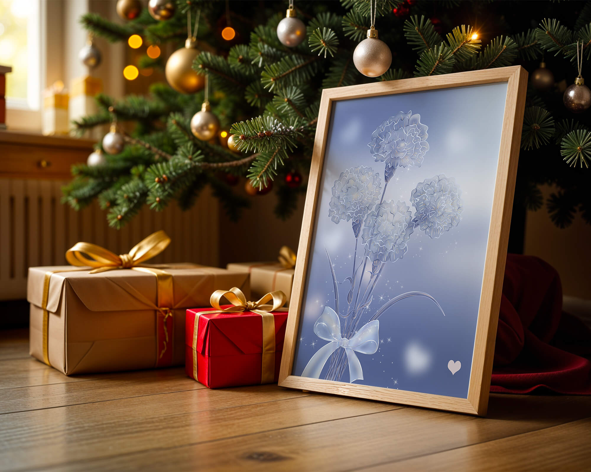 Carnations With Sparkles And Ribbon On Blue Background - Mi tienda